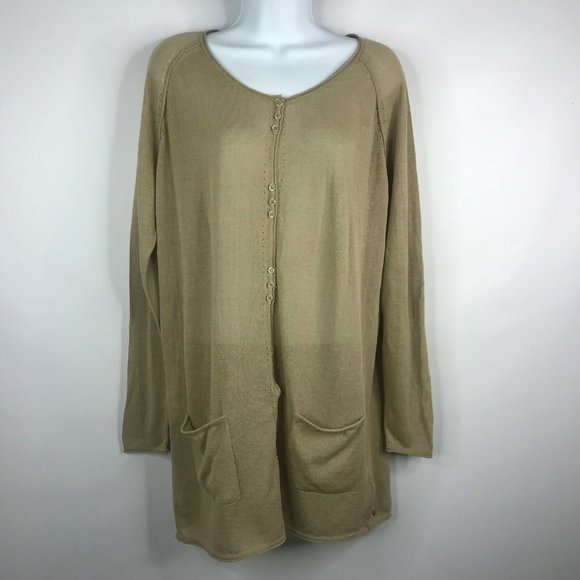 byTiMo Khaki Beige Cardigan Sweater Elbow Patches Minimalist Lagenlook - Picture 1 of 10
